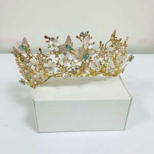 Tiara Crown Large Butterflies Flowers Gold/Mint Rhinestones for Quinceanera